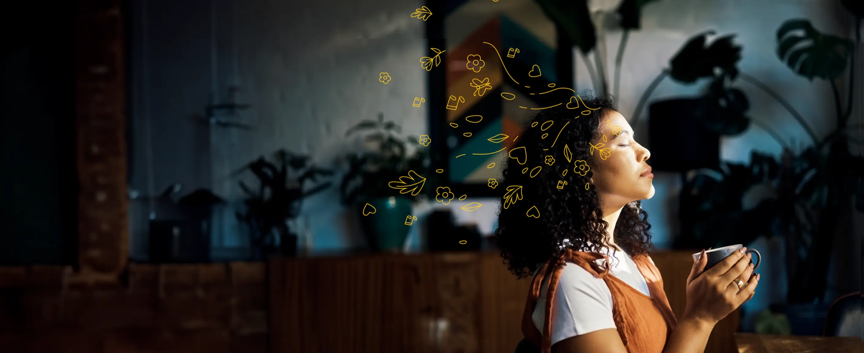 Photo of a woman holding a coffee cup, with illustrations.